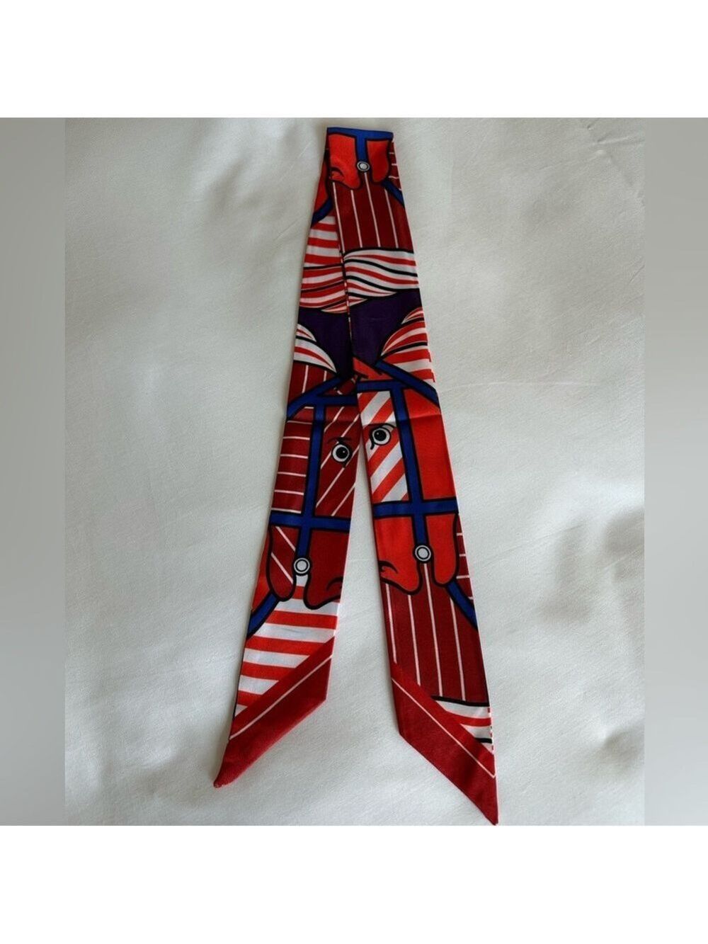RED BLUE WHITE EQUESTRIAN HORSE SKINNY SCARF HANDBAG HANDLE WRAP HAIR NECK TIE - Picture 6 of 7